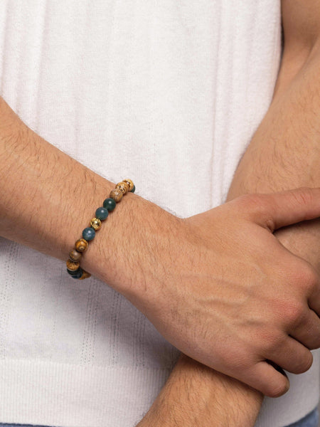 Mens spiritual Beads Bracelet men gold Titanium beads Picture Jasper, tiger eye, 2024 anyolite, lava. exclusive rare gemstone