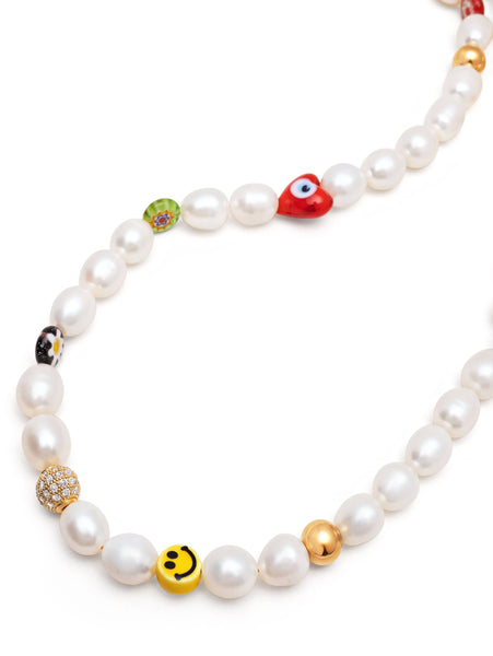 Women's Smiley Face Pearl Necklace with Assorted Beads