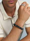 Men's Sterling Silver Beaded Bracelet with Matte Black, Glossy Black Ceramic & Three Diamond Balls