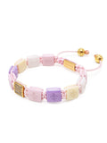 Women's White, Cream, Soft Pink & Lavender Ceramic Flatbead Bracelet with Gold CZ