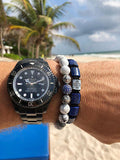 Nialaya Men's Beaded Bracelet Men's Beaded Bracelet with Howlite, Silver and Blue CZ Diamond Multi Precious Stone Bracelet