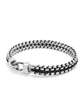 Nialaya Men's Bracelet Men's Black Woven 8 mm Box Chain Bracelet in Silver Men's Black Woven 8 mm Box Chain Bracelet in Silver