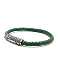 Nialaya Men's Leather Bracelet Men's Green Leather Bracelet with Silver Tube Lock