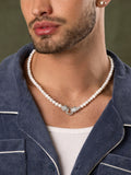 Nialaya Men's Necklace Pearl Choker with Double Panther Head in Silver 20 Inches / 50.8 cm MNEC_355