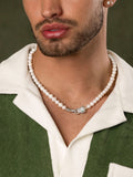 Nialaya Men's Necklace White Pearl Necklace with Silver Panther Head Lock 20 Inches / 50.8 cm MNEC_251