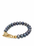 Nialaya Women's Beaded Bracelet Men's Black Pearl Bracelet with Gold Panther Men's Black Pearl Bracelet with Gold Panther