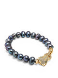 Nialaya Women's Beaded Bracelet Men's Black Pearl Bracelet with Gold Panther Men's Black Pearl Bracelet with Gold Panther