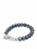 Nialaya Women's Beaded Bracelet Men's Black Pearl Bracelet with Silver Panther Men's Black Pearl Bracelet with Silver Panther