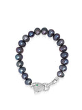 Nialaya Women's Beaded Bracelet Men's Black Pearl Bracelet with Silver Panther Men's Black Pearl Bracelet with Silver Panther