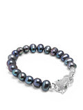 Nialaya Women's Beaded Bracelet Men's Black Pearl Bracelet with Silver Panther Men's Black Pearl Bracelet with Silver Panther