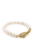 Nialaya Women's Beaded Bracelet Men's Pearl Bracelet with Gold Panther Men's Pearl Bracelet with Gold Panther