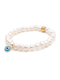 Nialaya Women's Beaded Bracelet Wristband with White Pearls and Blue Evil Eye Charm