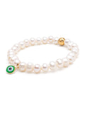 Nialaya Women's Beaded Bracelet Wristband with White Pearls and Green Evil Eye Charm