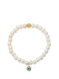 Wristband with White Pearls and Green Evil Eye Charm